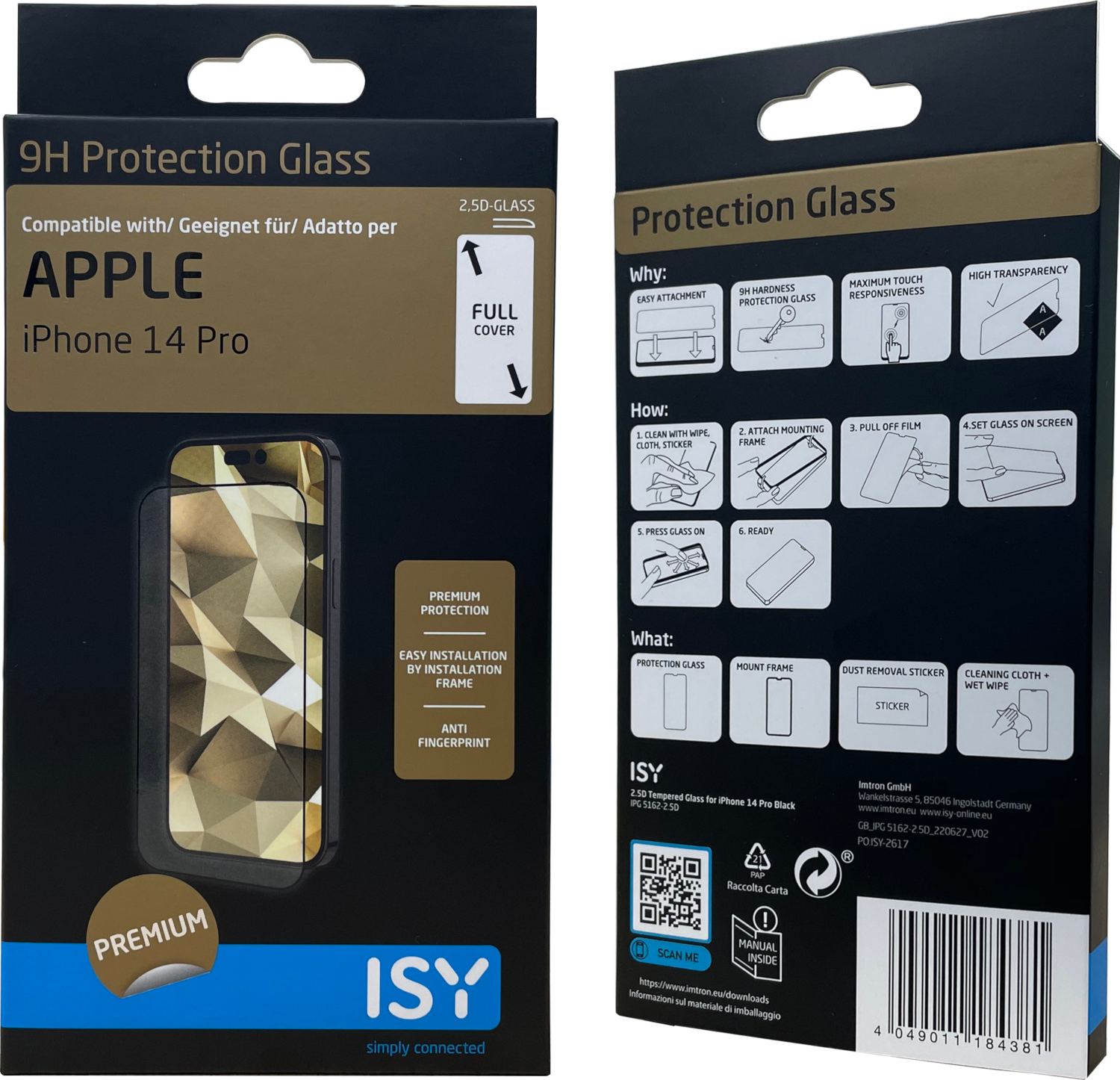 Boîte de protection d'écran iPhone 14 Pro. Montre le protecteur, les instructions et les détails.