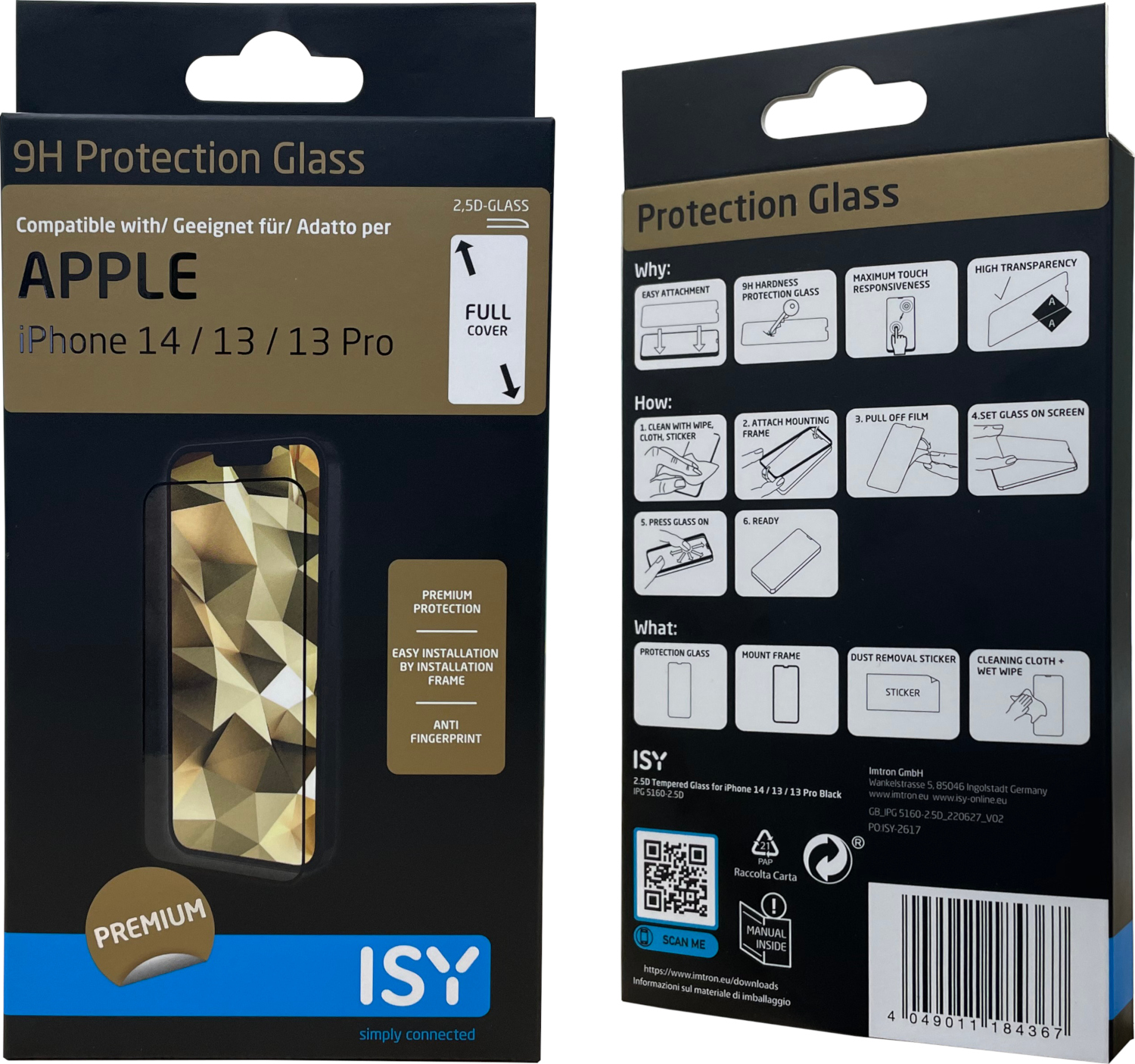 Verpakking voor een schermbeschermer voor een Apple iPhone. De doos toont het product en zijn functies.