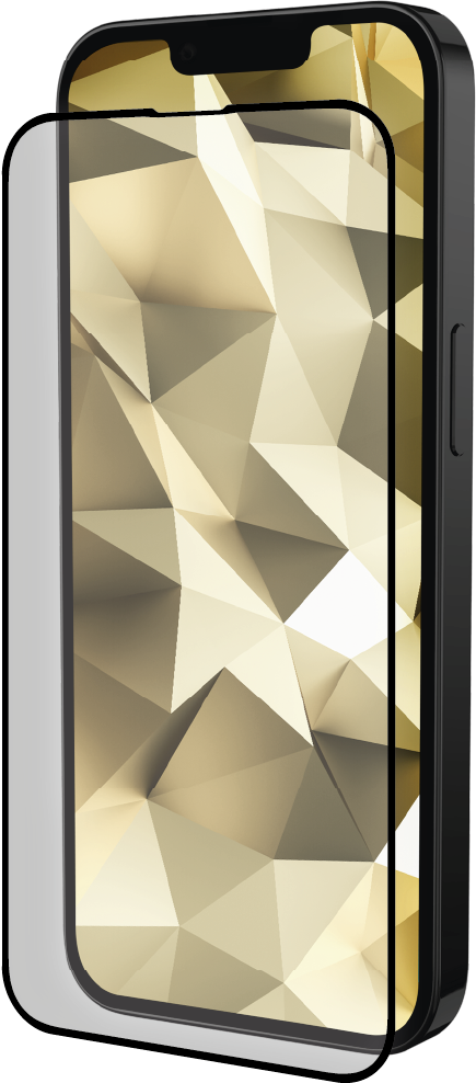 Zwarte smartphone met schermbeschermer, gouden geometrische achtergrond.