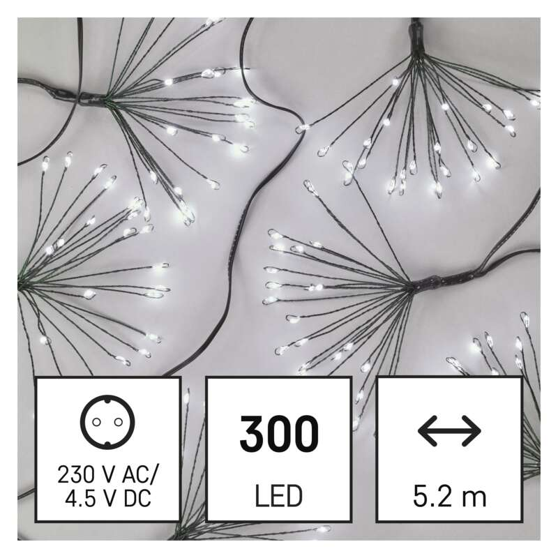 Füzérfény 300 LED-del, áram- és méretadatokkal, fehér háttérrel.