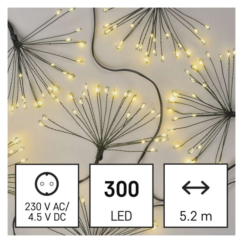 Füzérfény 300 LED-del, áram- és méretadatokkal, sárga lámpákkal.