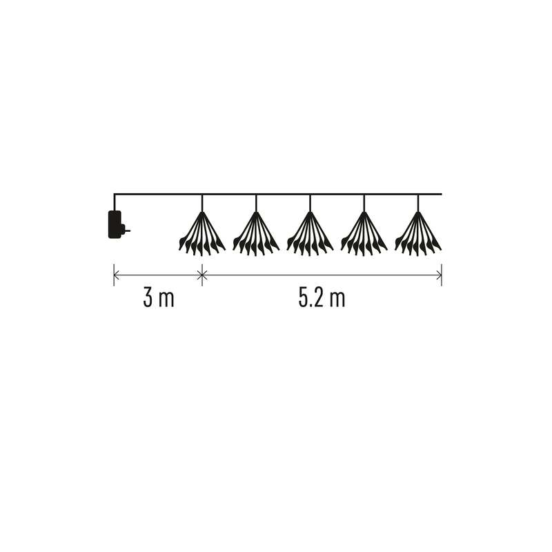 Egy füzérfény diagramja dugóval, 3 és 5,2 méteres mérésekkel.