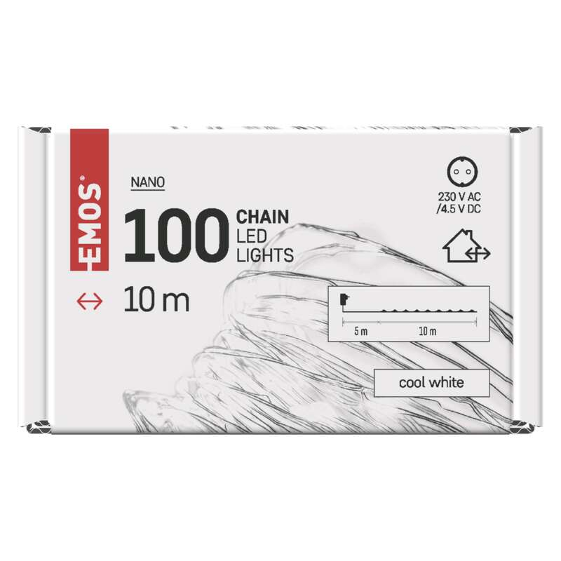 100 hideg fehér LED-es füzér, termékdiagrammal.