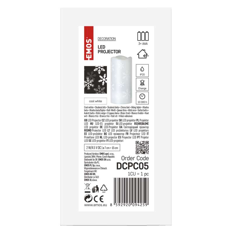 LED projektor csomagolása, fehér gyertya design hópehellyel, több nyelven.