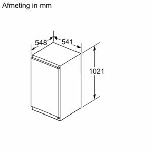 Isometrische tekening van een witte koelkast met afmetingen in mm.