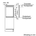 Technische tekening van een kast met afmetingen in millimeters, die overhang en hoogte toont.