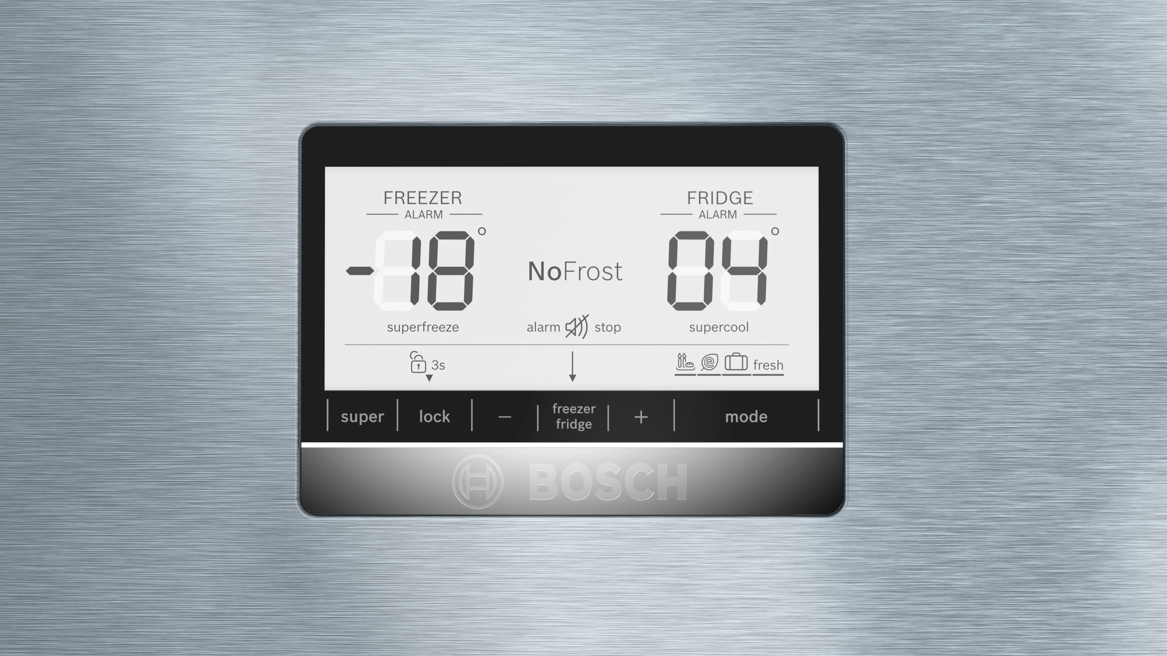 Ein Kühlschrank-Bedienfeld mit einem Display, das Temperatur und Einstellungen anzeigt.