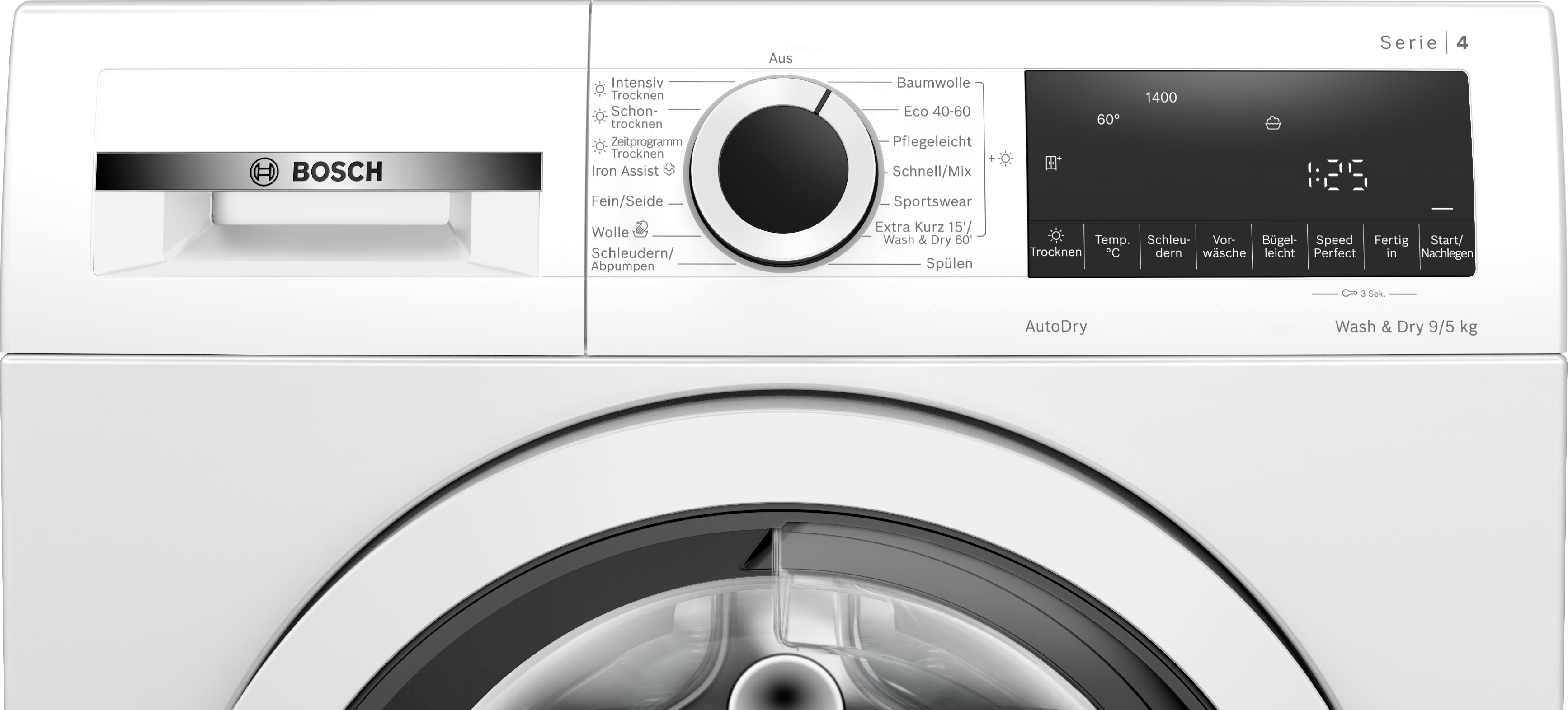 Nahaufnahme des Bedienfelds einer weißen Bosch Waschmaschine. Schwarzes digitales Display. Weißer Hintergrund.