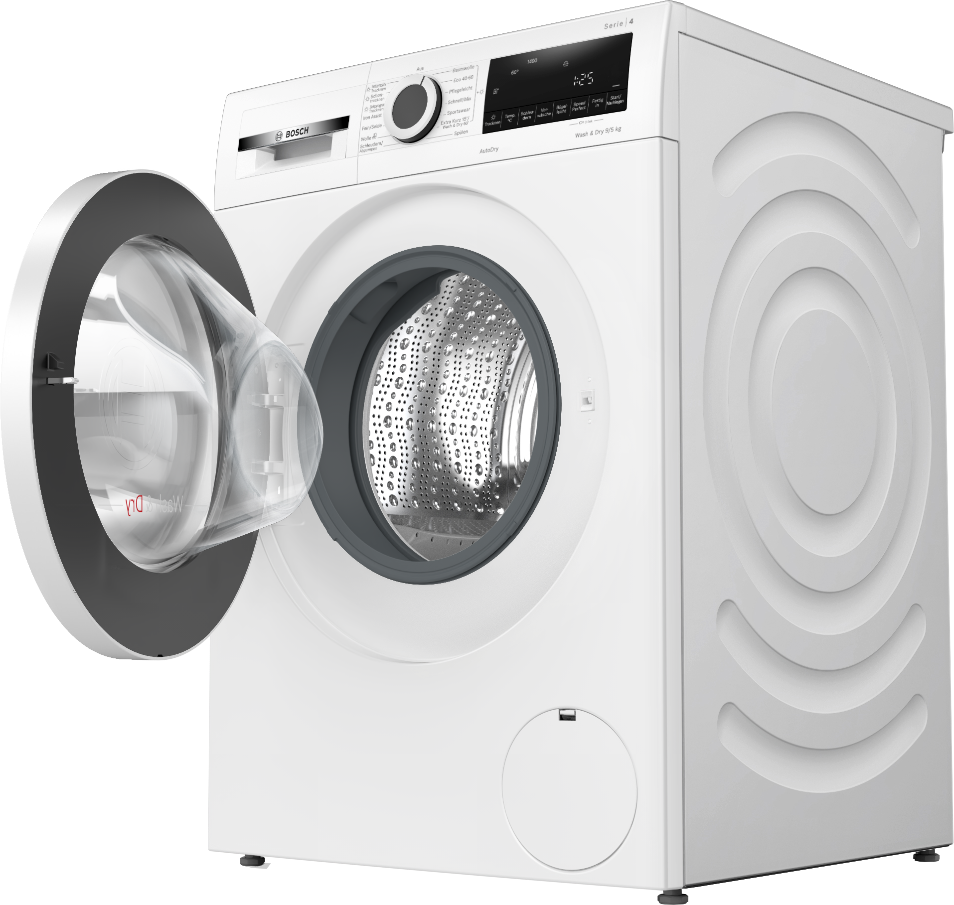 Weiße Waschmaschine, Tür angelehnt. Die Waschmaschine ist neu und sauber.
