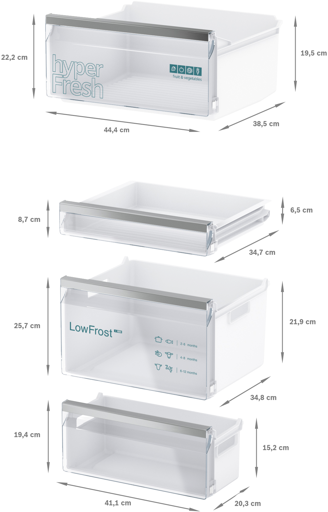 Vier witte koelkast-opbergbakken. Afmetingen en labels op elk. Witte achtergrond.