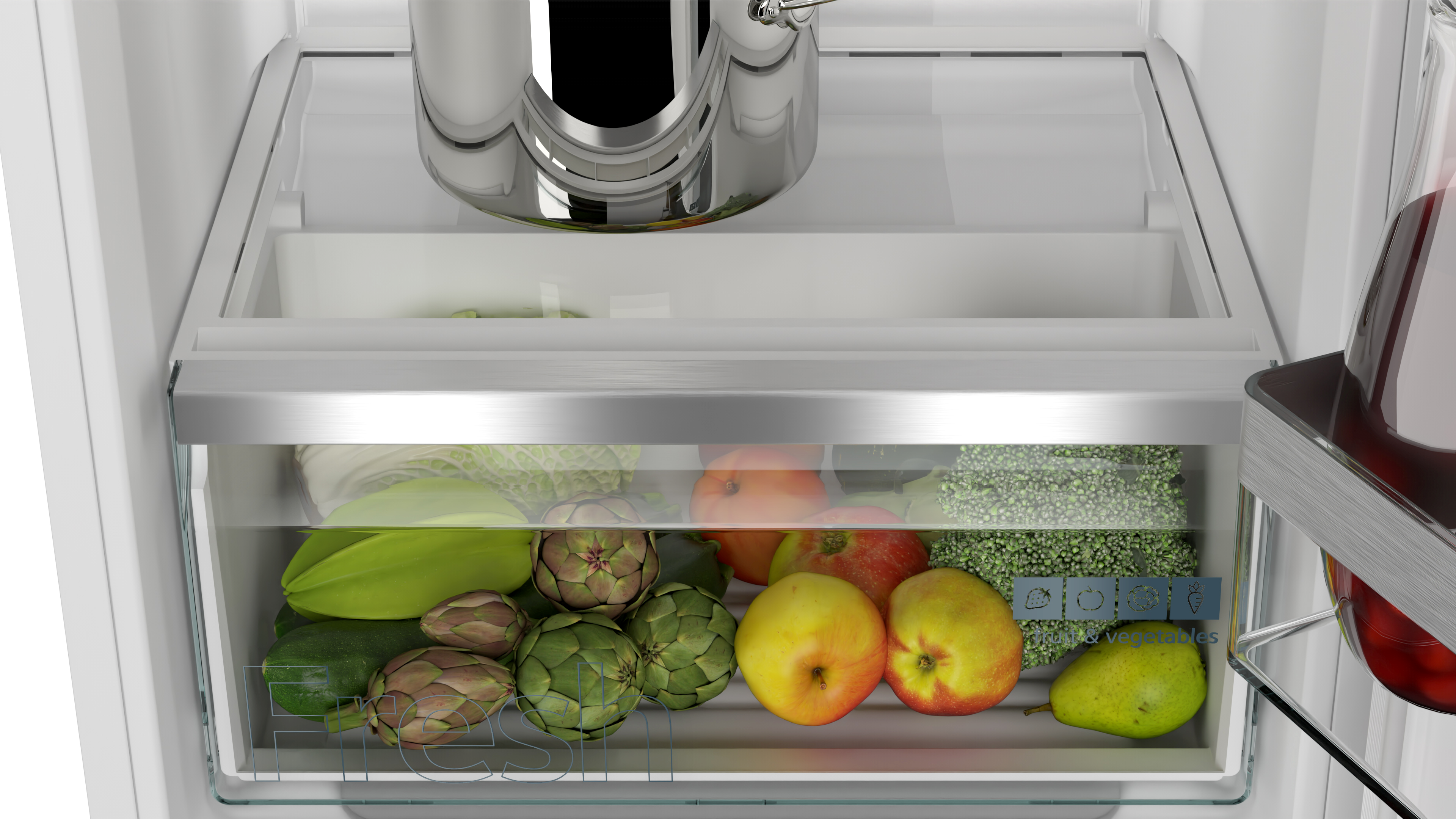 Refrigerator interior with produce: zucchini, artichokes, apples, and a jug of red liquid.
