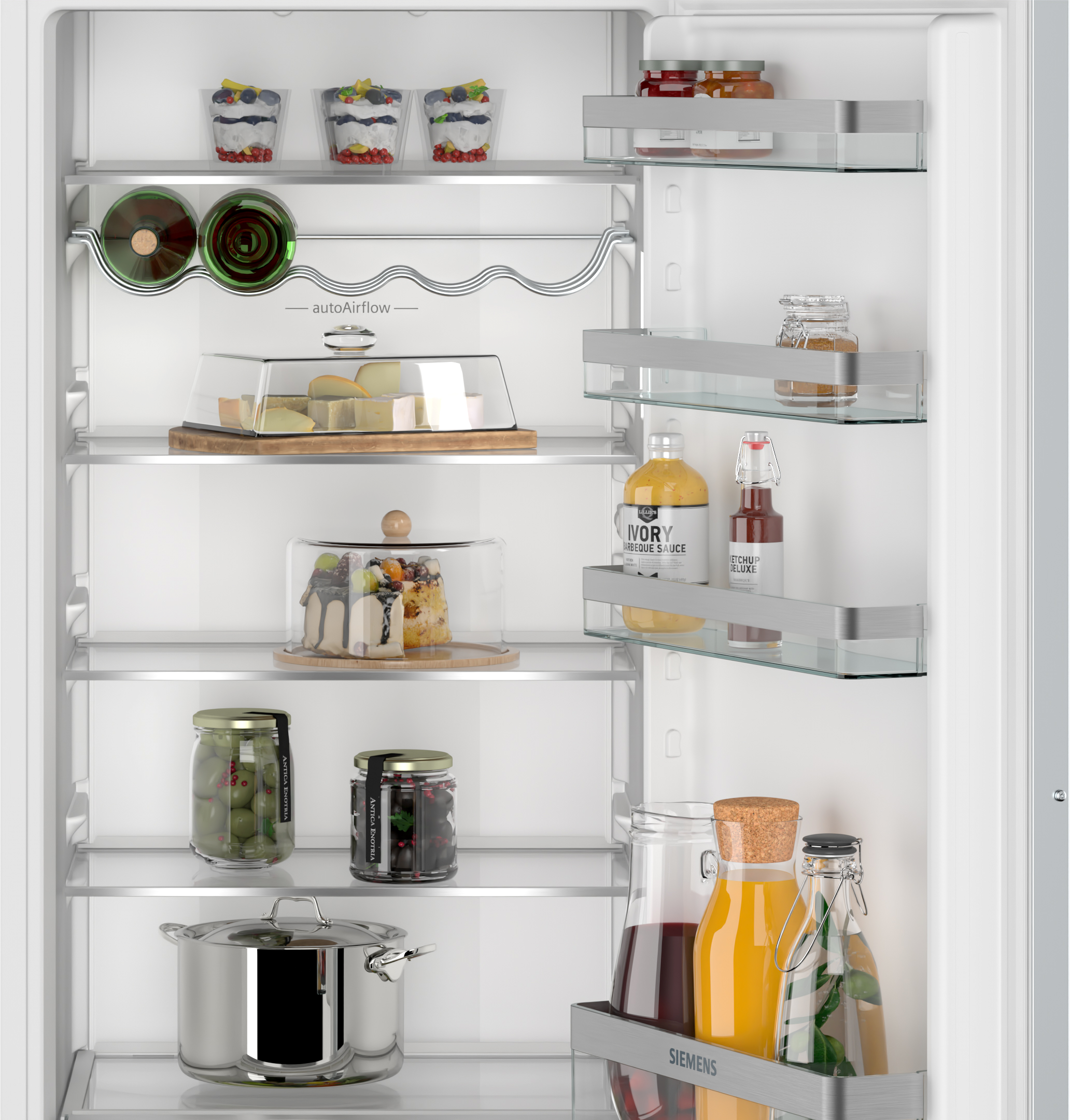 Open refrigerator with glass shelves holding various food items like jars and containers.