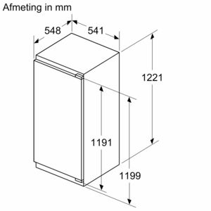 Isometric drawing of a refrigerator with dimensions in mm.