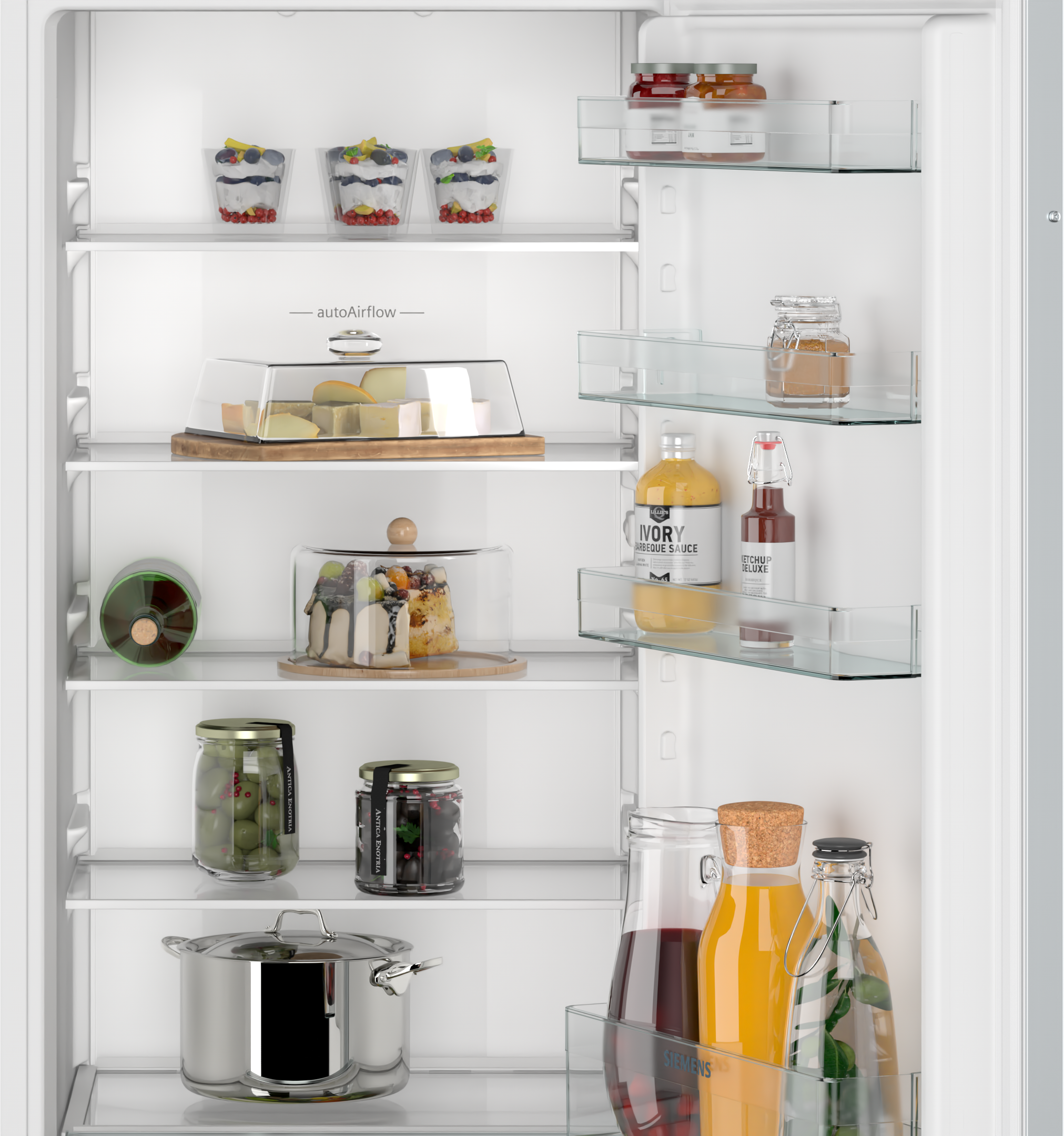 A refrigerator interior with shelves, food items, and glass containers.
