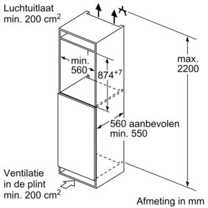 A schematic diagram of a fridge with dimensions, ventilation, and air outlet details.