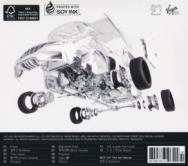 Rückseite einer CD-Hülle mit Explosionszeichnung eines Autos und seinen Teilen, mit Titelliste.