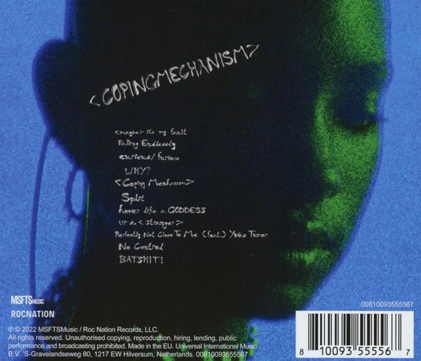 Albumcover mit blauem Gesicht, Titel Coping Mechanism und Titelliste.