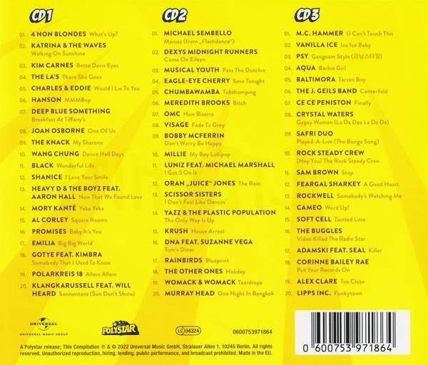 CD-Compilation mit Albumcovern, Titellisten. Der Text ist gelb auf schwarzem Hintergrund.