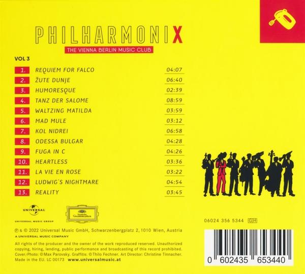 CD-Cover mit Titelliste. Silhouetten von Musikern befinden sich rechts.