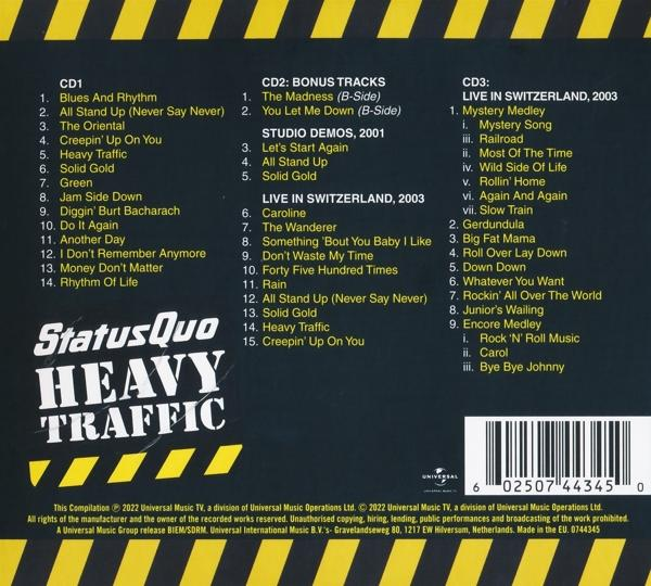CD-Cover mit Tracklist. Das Cover hat Text für Status Quo und 'Heavy Traffic'.