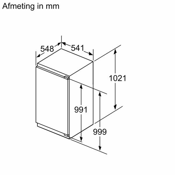 Isometric view of a white refrigerator, showing dimensions in mm: 548x541x1021.  Labeled 'Afmeting in mm'.