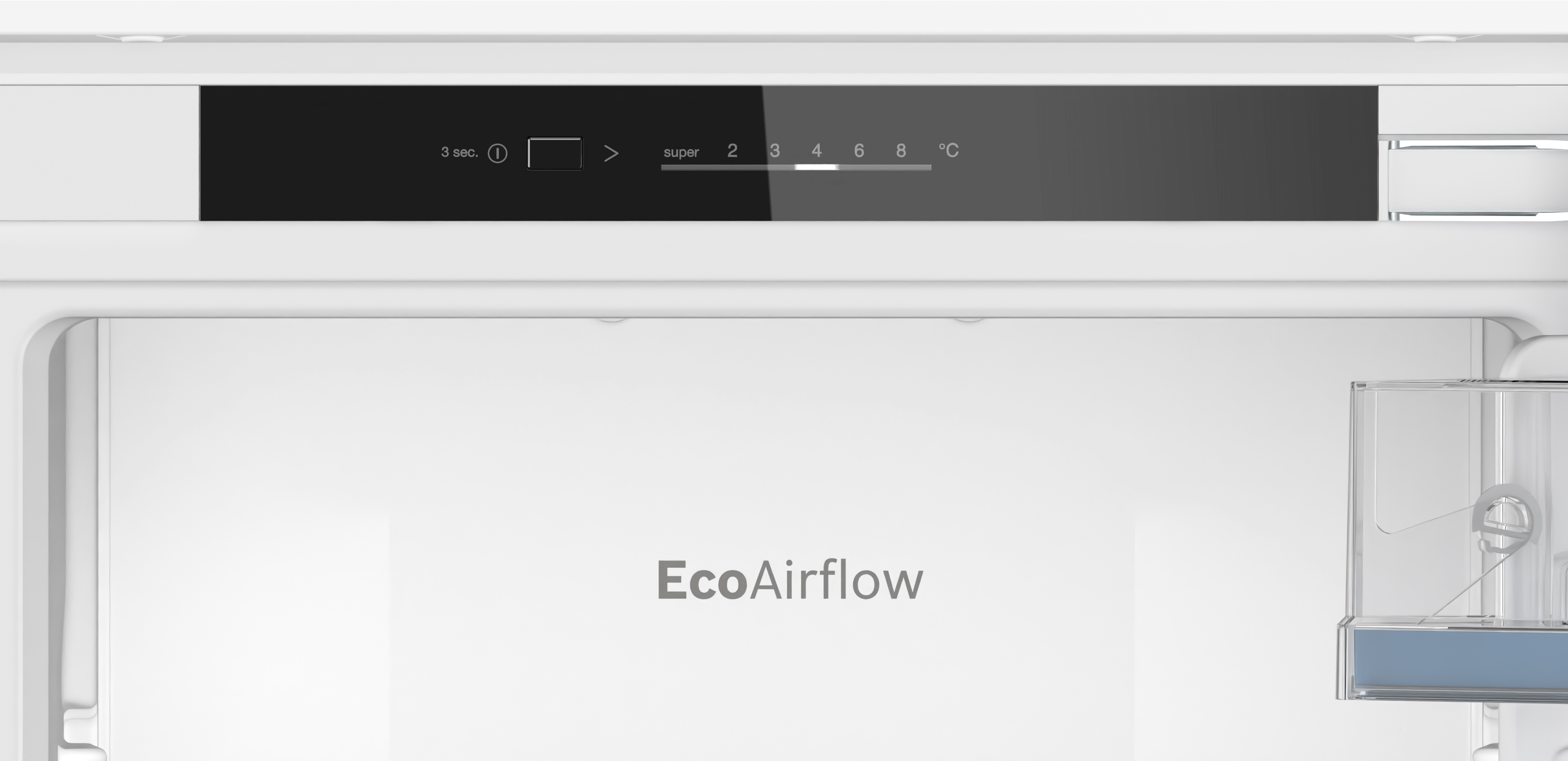 Refrigerator interior with display and EcoAirflow logo.
