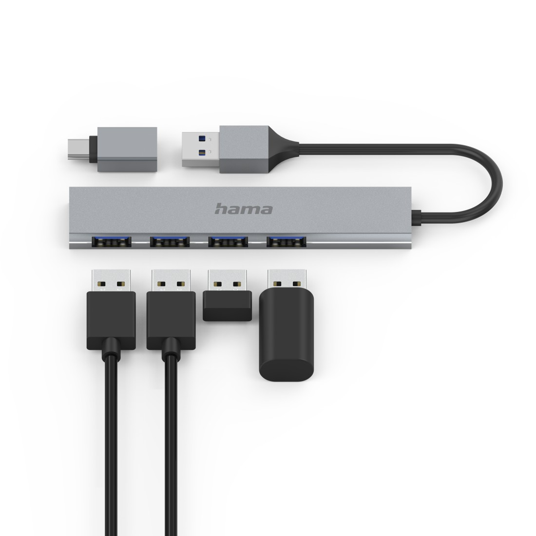 Ein silberner USB-Hub und verschiedene USB-Kabel sind abgebildet.