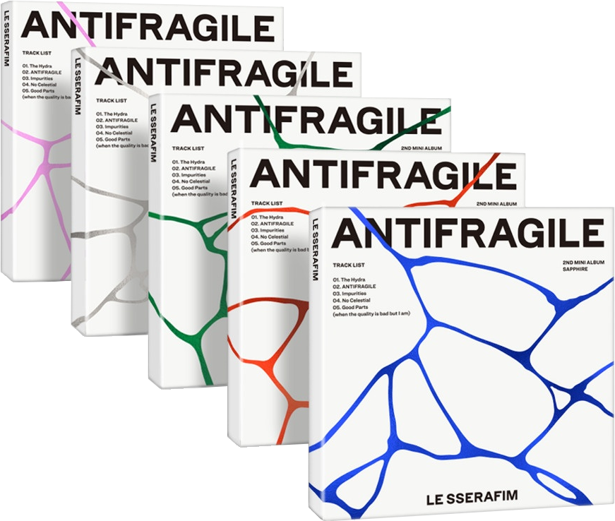 Öt példány egy zenei albumból, mindegyik különböző színű borítóval, Antifragile címmel.