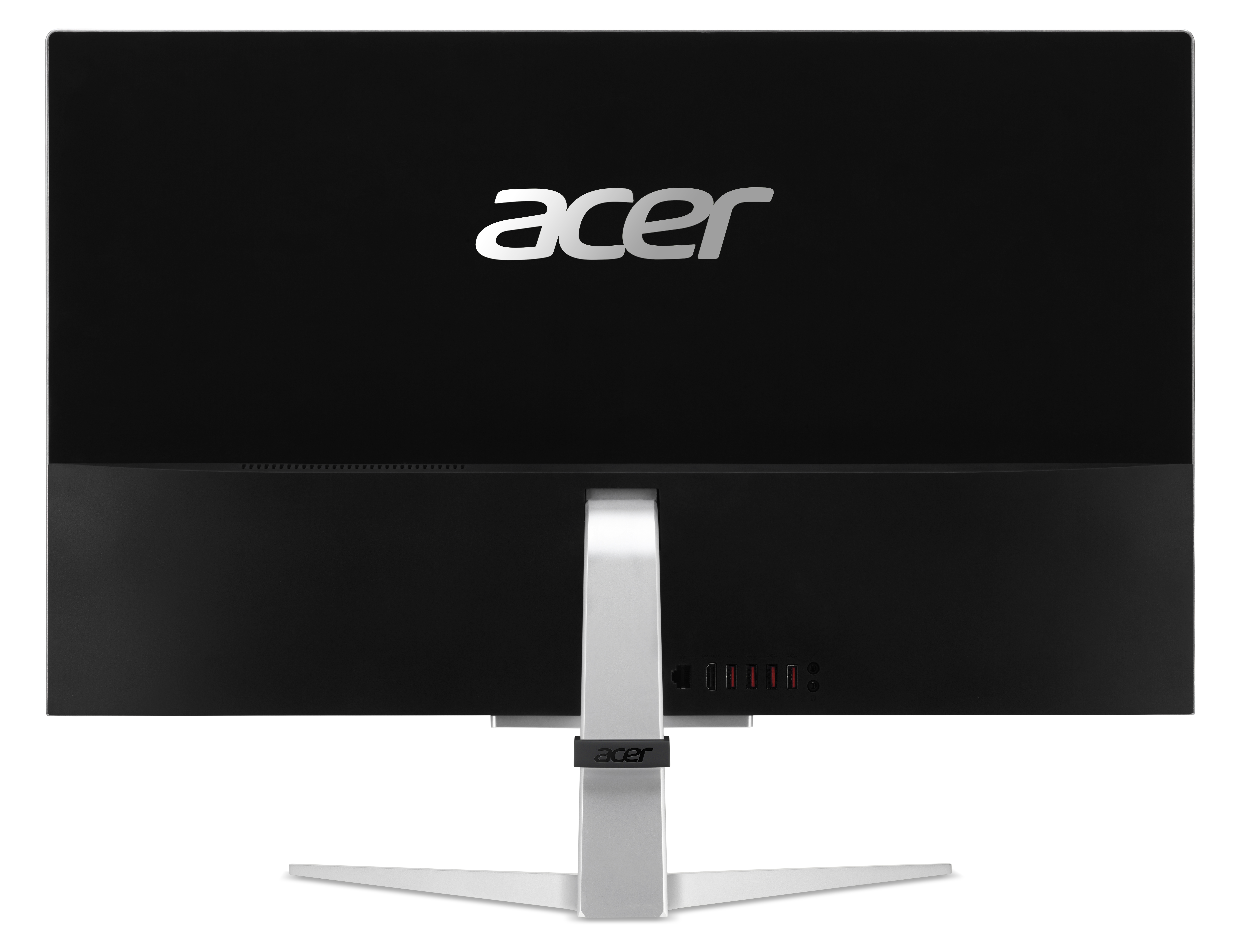 Acer monitörün arka görünümü, bağlantı noktalarını, standı ve marka logosunu gösteriyor.