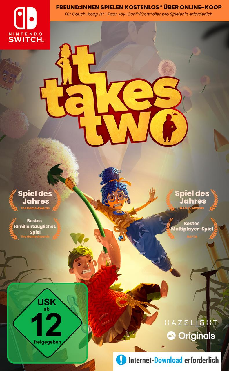 Spielbox-Art für 'It Takes Two' auf Nintendo Switch mit zwei Charakteren, die eine Pusteblume halten.