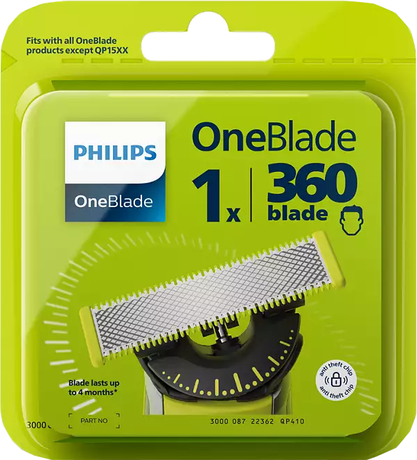 Remplacement de lame Philips OneBlade dans un emballage vert et noir.