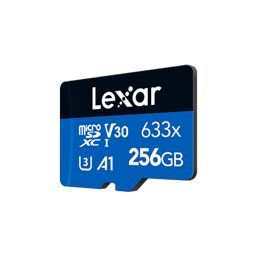 Beyaz metin ve sayılarla mavi Lexar micro SD kart. 256GB ve V30 yazıyor.