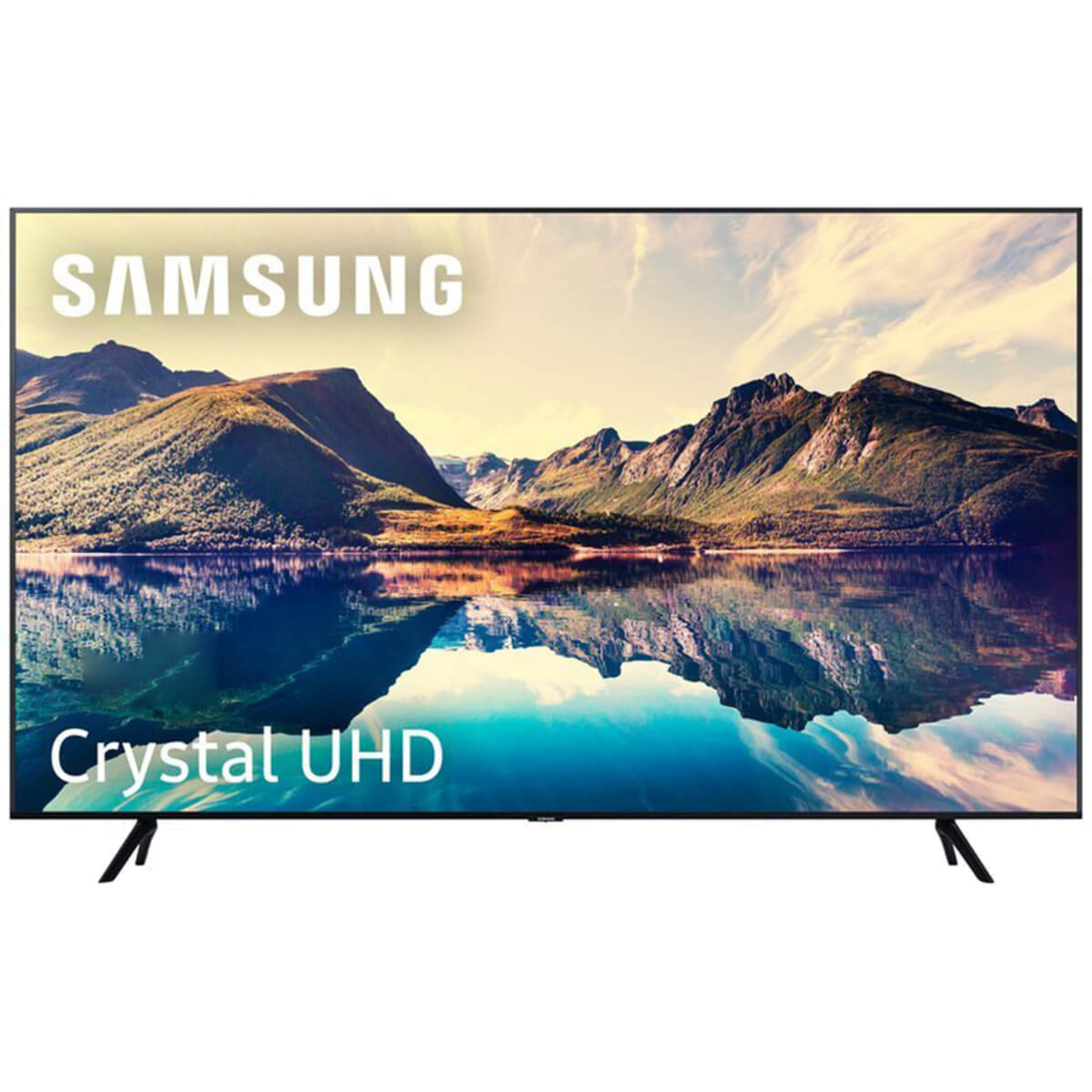 Un televisor Samsung Crystal UHD sobre un soporte, la pantalla muestra una imagen azul-verde.