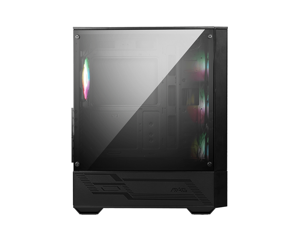 Cam yan panelli siyah bir bilgisayar kasası, iç bileşenleri ve RGB aydınlatmayı gösteriyor.