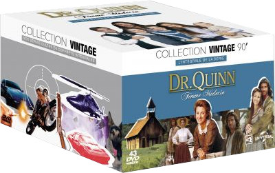 Coffret DVD pour Dr. Quinn, femme médecin. Comprend des images de la distribution et divers véhicules.