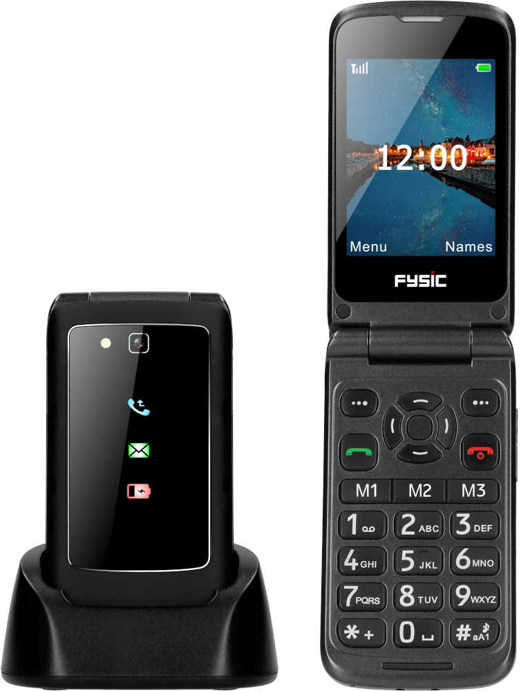 Un téléphone à clapet noir, ouvert, et une base de chargement. Le téléphone affiche l'heure et les options de menu.