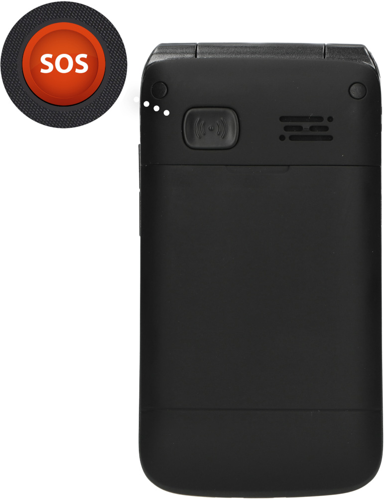 Un téléphone portable noir avec un bouton SOS mis en évidence dans un cercle.