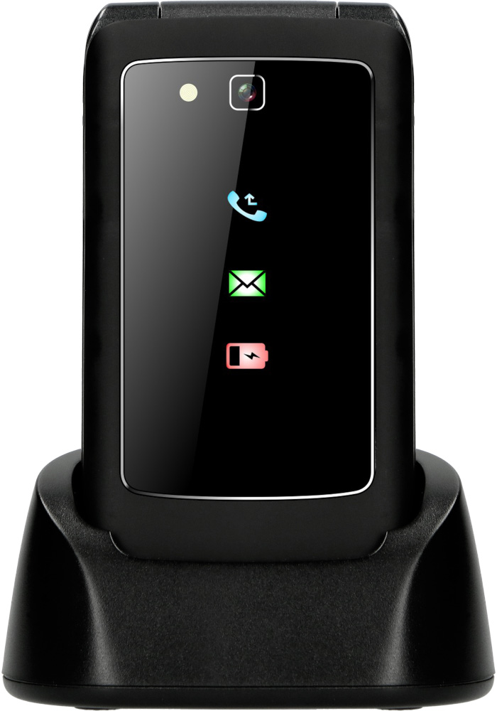 Téléphone à clapet noir dans un socle. L'écran affiche les icônes téléphone, e-mail et batterie.