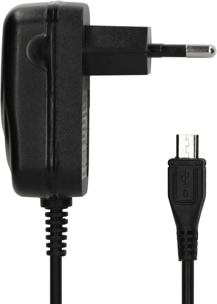 Adaptateur secteur noir avec prise européenne et câble avec connecteur micro USB.