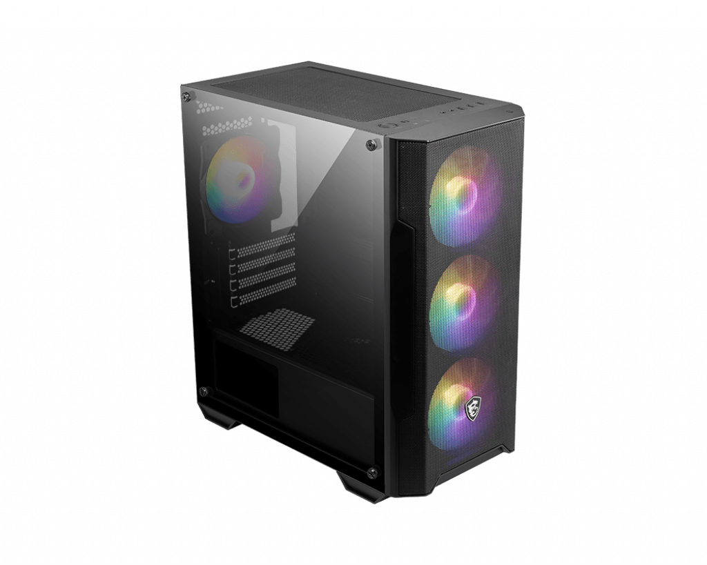 Cam yan panelli siyah bilgisayar kasası. Ön kısımda üç adet RGB fan var. Kasanın içinde renkli bir fan görülüyor.