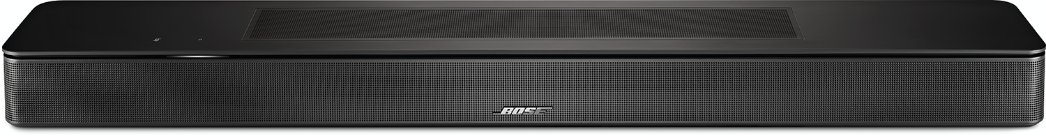 Een zwarte soundbar met het 'BOSE'-logo aan de voorkant. Het is lang en rechthoekig met een gaasontwerp.