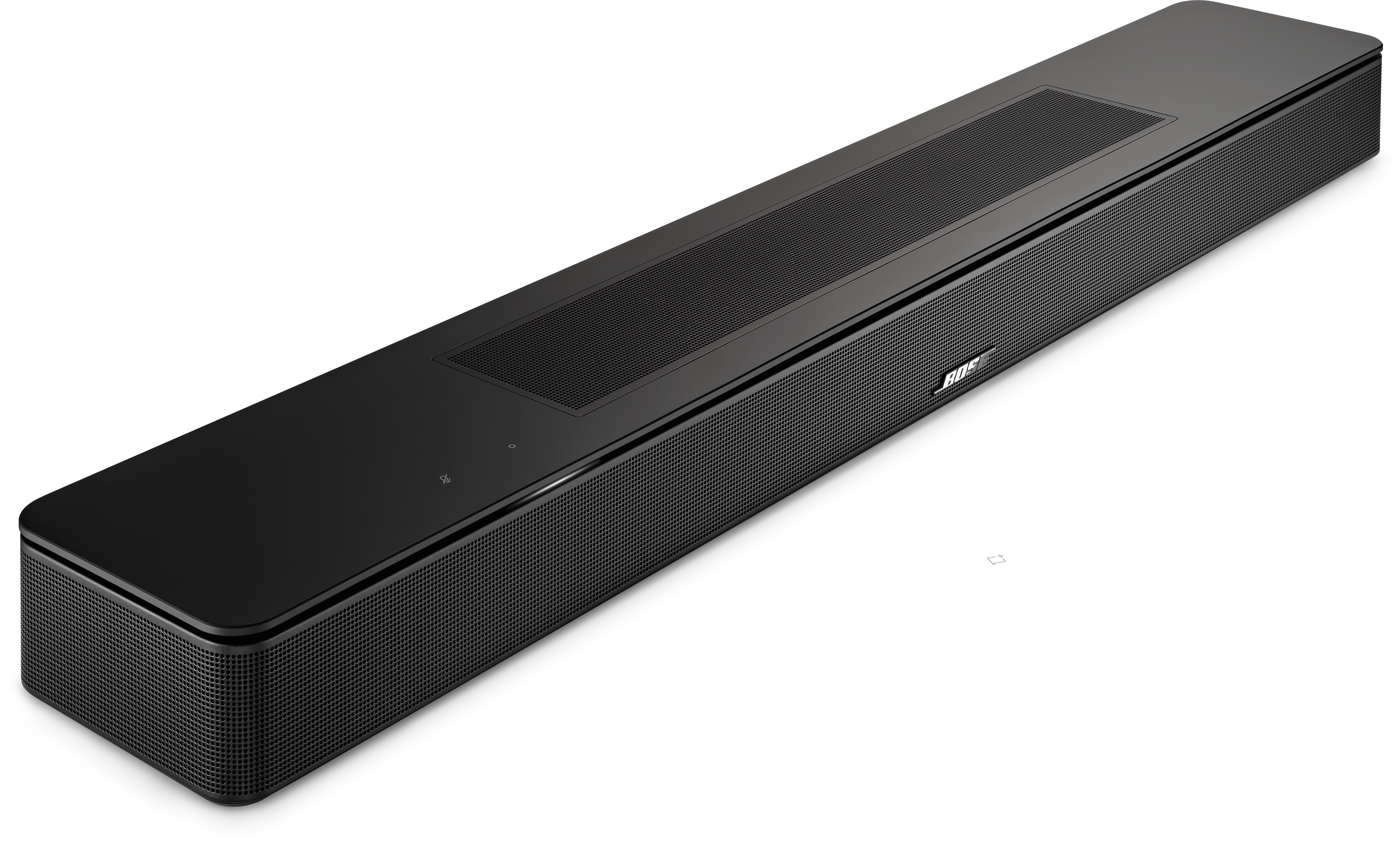 Zwarte soundbar op wit oppervlak, met Bose-logo en kleine knoppen.