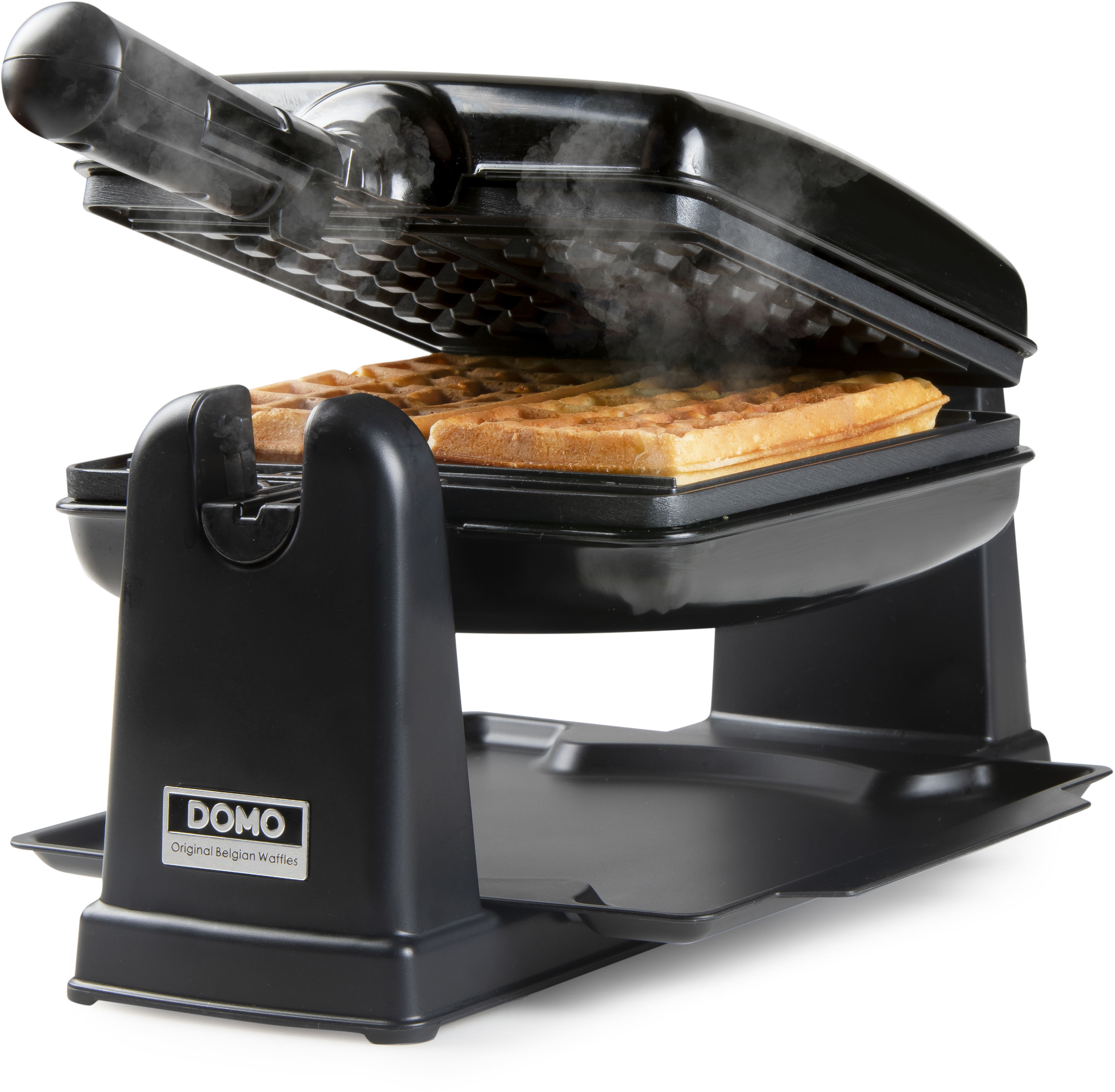 Black waffle maker with waffles inside, steam rising. DOMO brand logo.