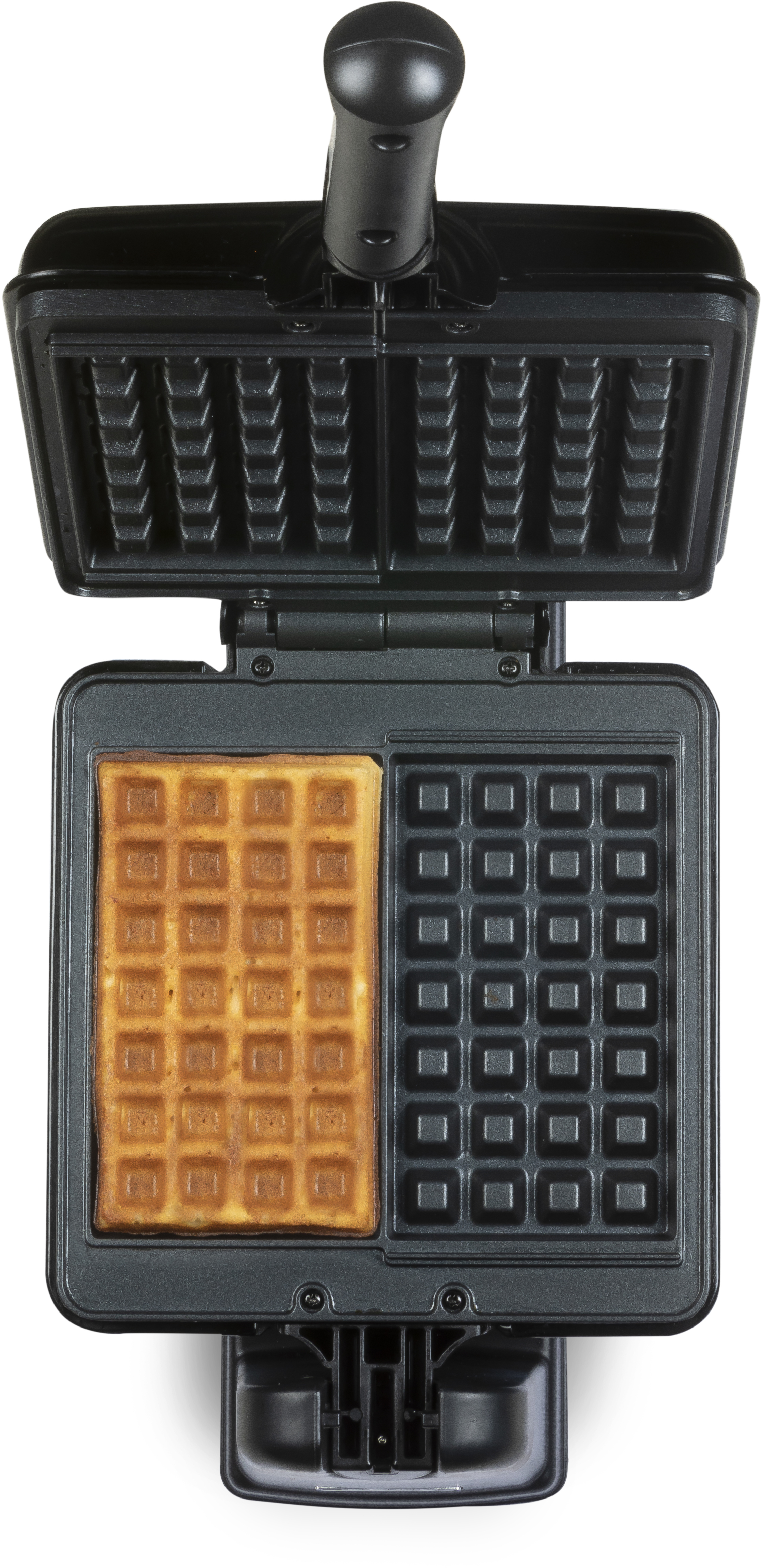 Open waffle maker with a cooked waffle. Black and gray. White background.