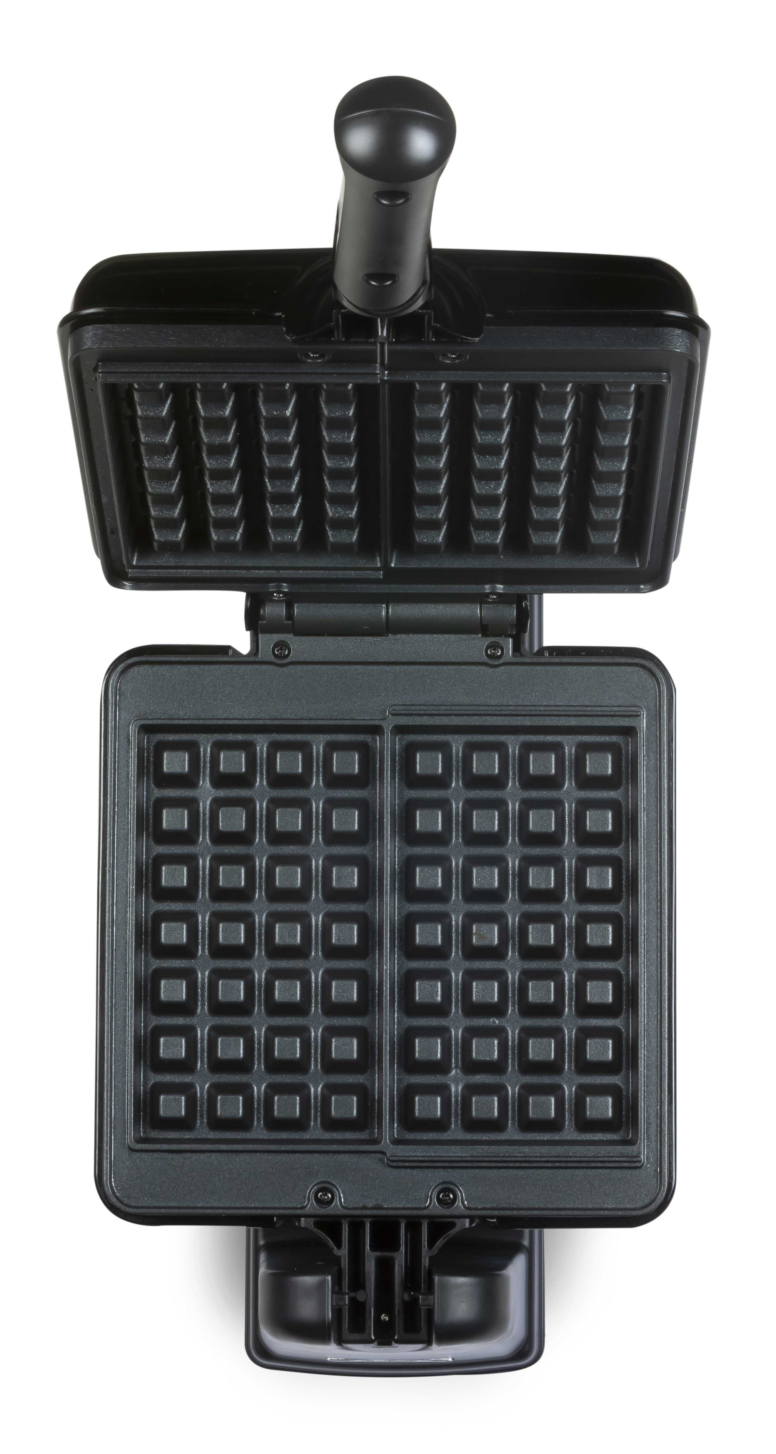 Open waffle iron with grid-like cooking surfaces.