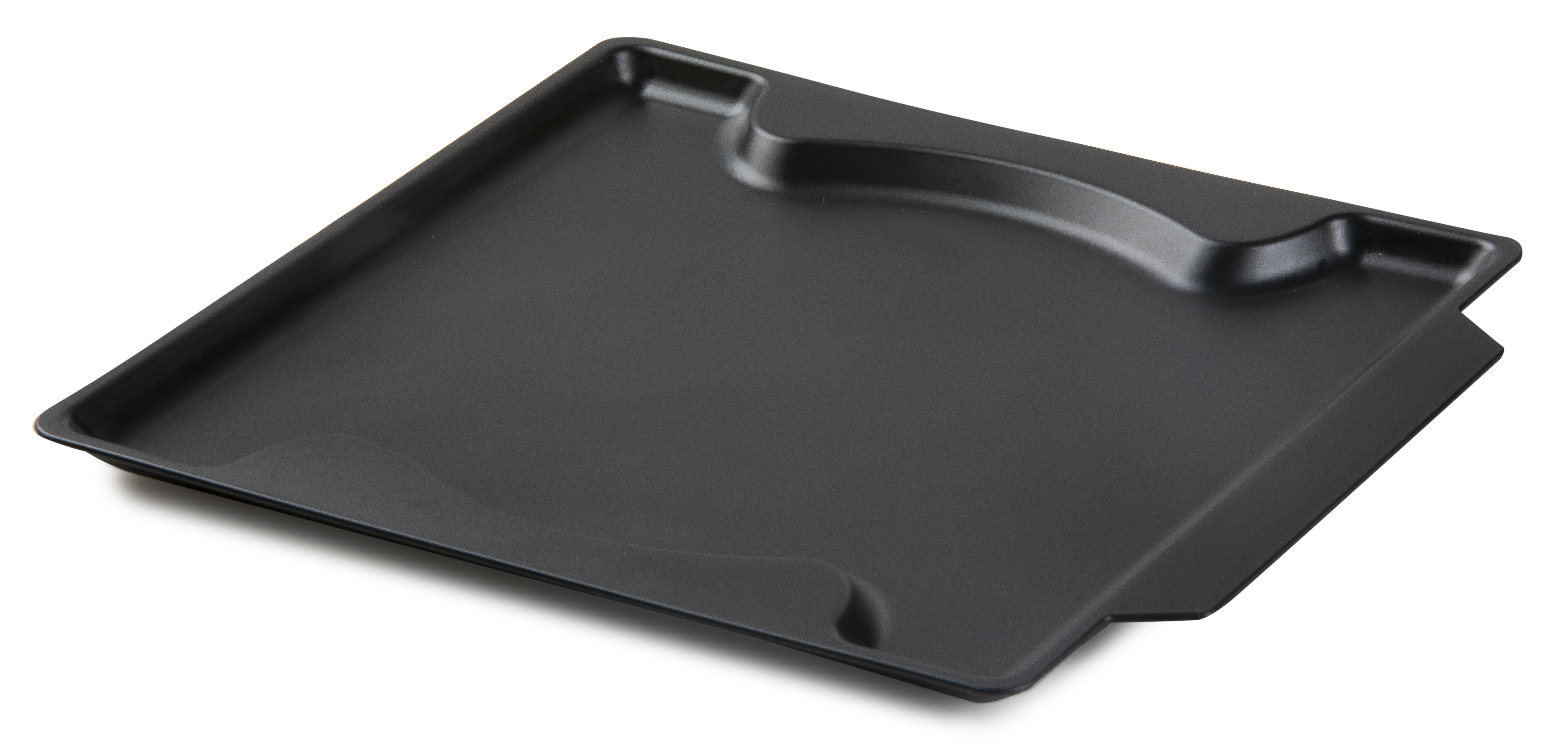 A black, square-shaped baking tray with curved handles on the sides, set against a white background.
