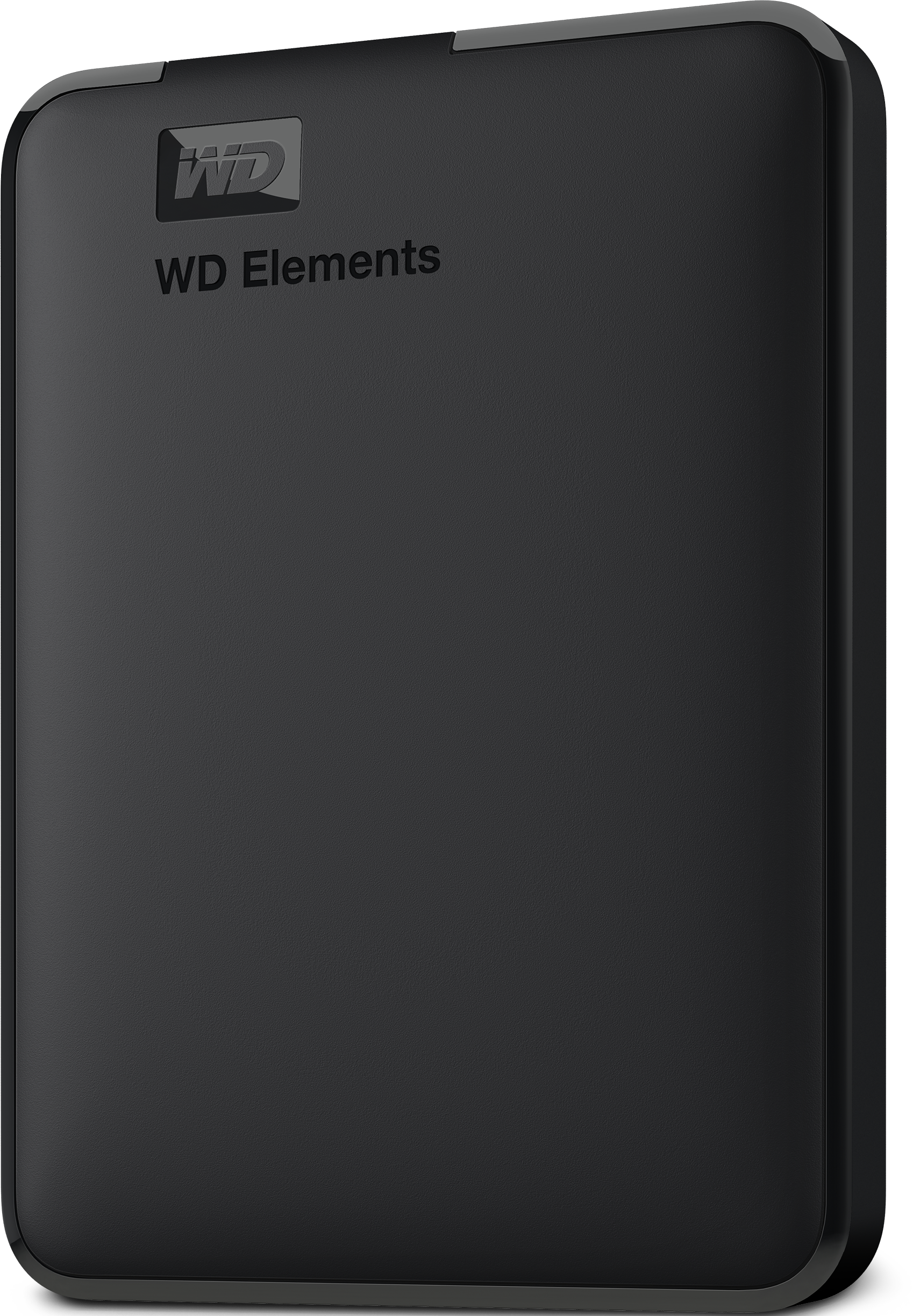 Eine schwarze externe Festplatte von WD Elements mit dem WD Elements- und WD-Logo auf der Oberfläche.