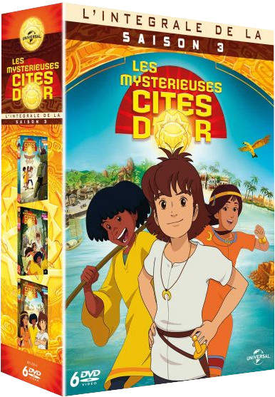 Coffret DVD de 'Les Mystérieuses Cités d'Or'. Personnages de dessins animés et illustration de la boîte.