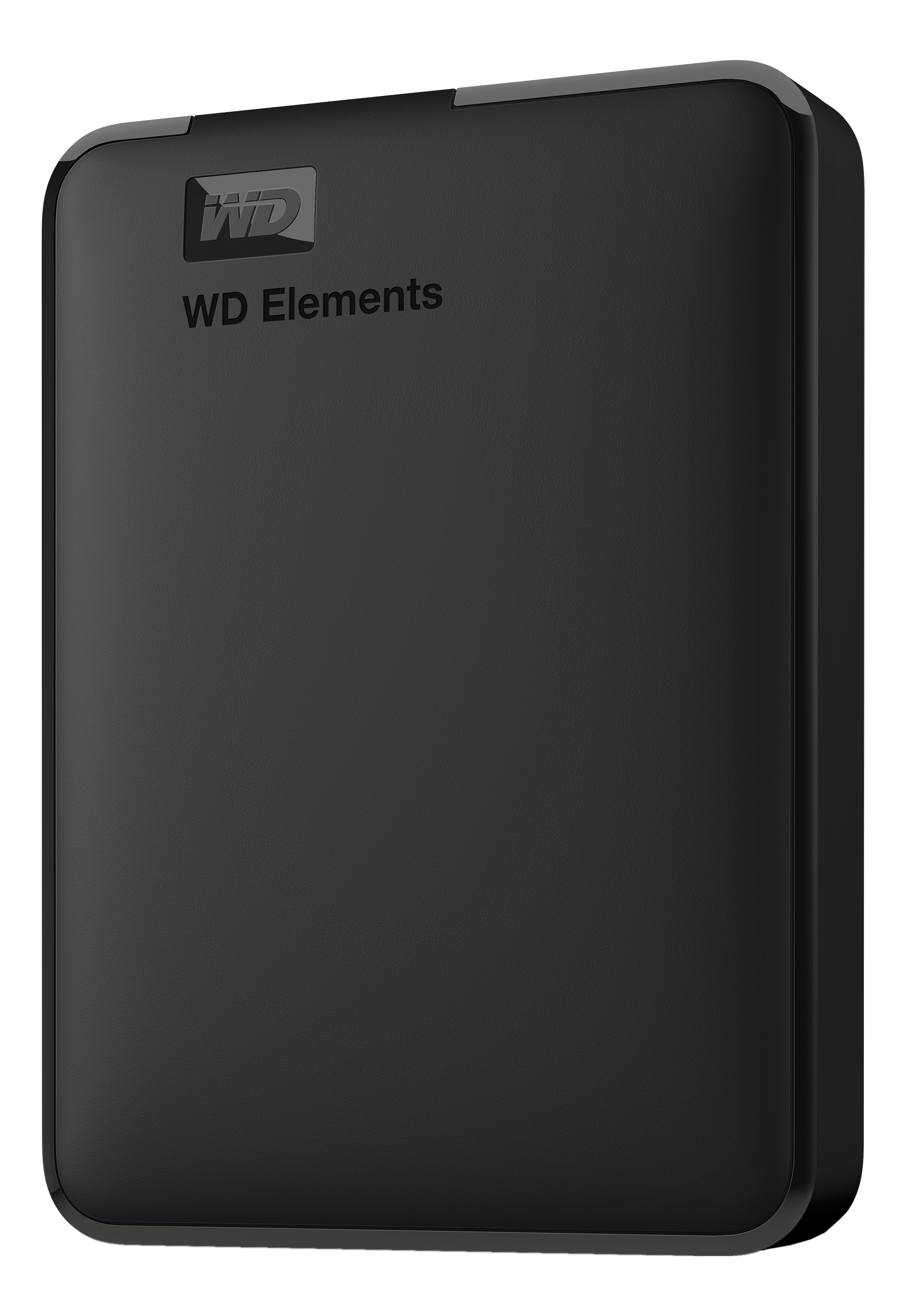 Disque dur portable noir avec la marque 'WD Elements'.