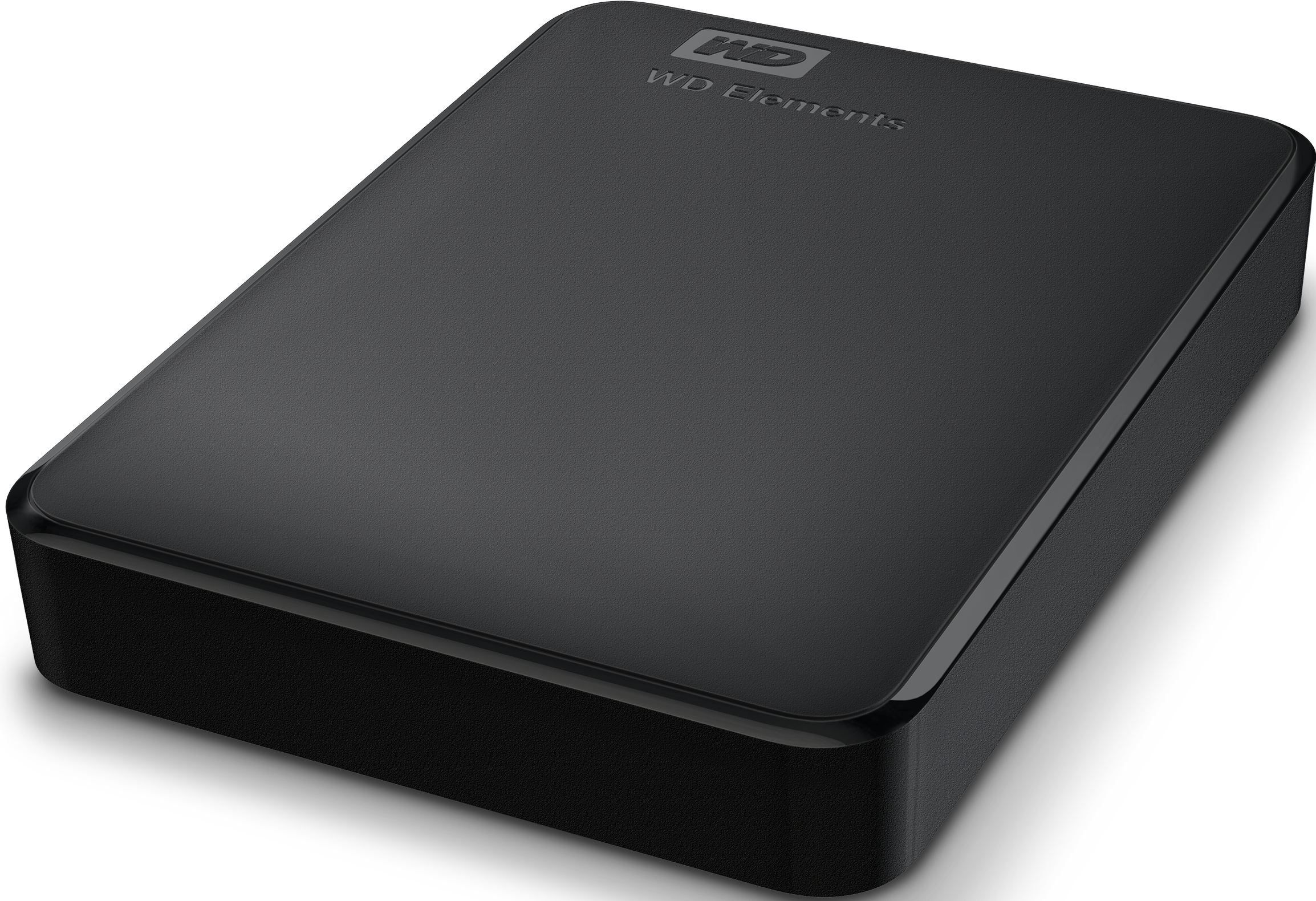 Disque dur externe noir et rectangulaire, avec le logo WD Elements sur le dessus.